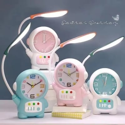 Picture of Gifts Plastic Astronaut Desk Lamp Cartoon Space Theme Decor Glowing Alarm Clock Battery Powered Removable Tabletop Clock Eye Protection-Multicolor
