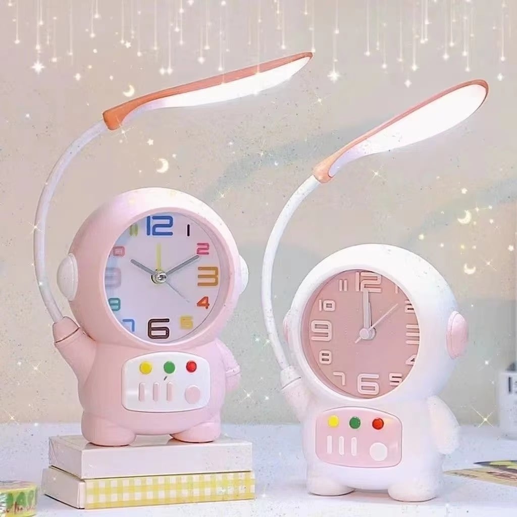 Picture of Gifts Plastic Astronaut Desk Lamp Cartoon Space Theme Decor Glowing Alarm Clock Battery Powered Removable Tabletop Clock Eye Protection-Multicolor