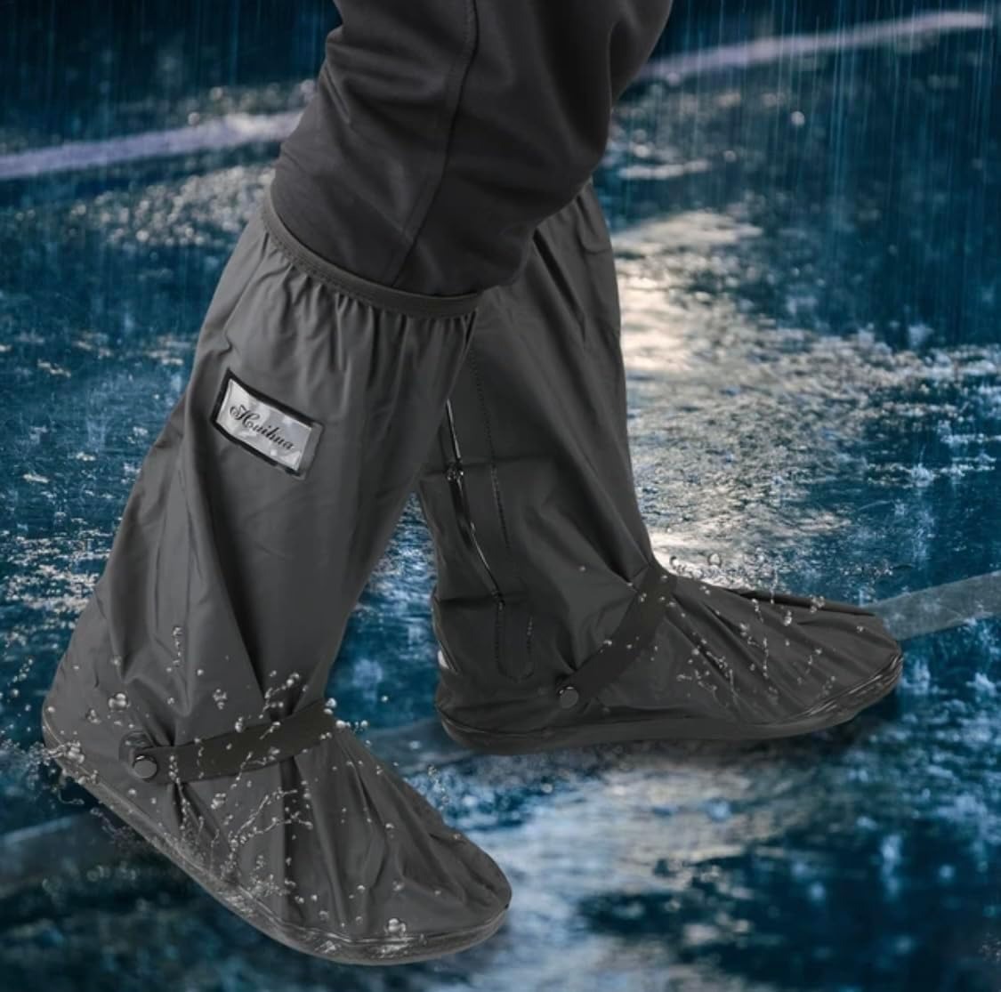 Picture of Waterproof Shoe Covers Motorcycle Rain Shoe Cover Reusable Rain Boot Rainproof Shoes Cover for Men and Women-Black