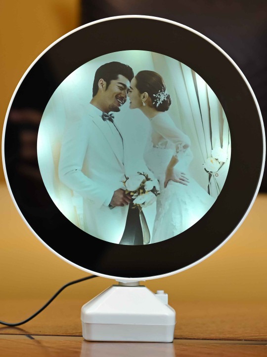 Picture of Heart Beat Plastic Round Magic Mirror Tabletop Customized Photo Frame (White) For Valentines Day Gifts, Anniversary, Birthday,-Multicolor
