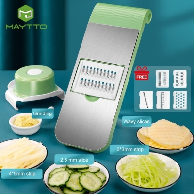 Picture of Vegetable Slicer Cutter Grater Chopper Food Slicer Dicer Hand Guard Set Kitchen Manual Slicer Kitchen Tool Accessories Stainless Steel Rust-Free Blades with 5 Removable Blades and Storage Box-Graters, Peelers & Slicers-Multicolor