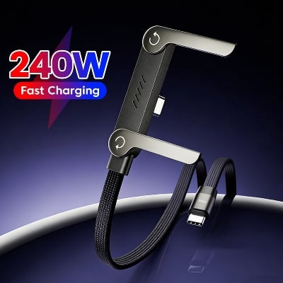 Picture of 240W Elbow USB Type C To USB C Cable PD Fast Charging Cable Type C Wire Phone Stand For iPhone 17 16 15, Samsung, Realme, Redmi, Oppo, Vivo, Xiaomi, OnePlus,  Nokia, Tecno, Infinix, Itel, Lava, Symphony, Motorola, Walton-Black