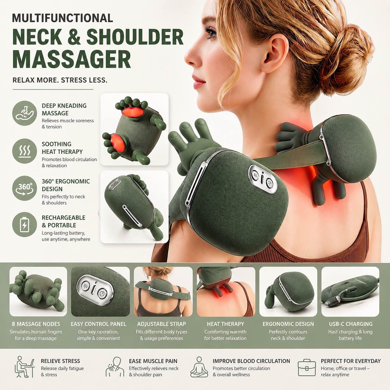Picture of Neck and Back Massager, Massager with Heating, Body Massager for Body Aches and Pains Relief, Electric Wearable 5D Cervical Massage Machine for Deep Tissue Neck, Back, Shoulders,Waist and Legs-Multicolor