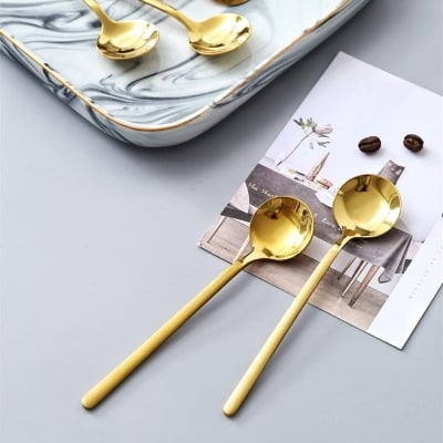 Picture of Steel Long handle Pickle/Achar Spoon Round (26cm) / 1 pc Golden - Gold