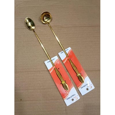 Picture of Steel Long handle Pickle Spoon Round and Oval shape (26cm) 2 pc set (Golden) - Gold