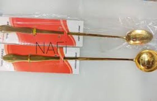 Picture of Steel Long handle Pickle Spoon Round and Oval shape (26cm) 2 pc set (Golden) - Gold