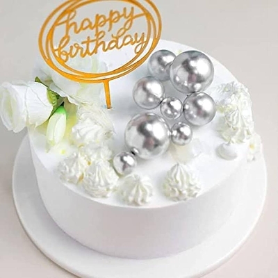 Picture of 5 silver Ball Cake Topper Happy Birthday Party Baby Shower Cake Decoration Cake Flag Wedding Christmas Ball Decoration Supplies - Silver