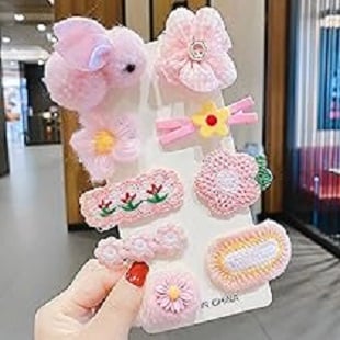Picture of Beautiful Wool Fabric  Baby Girl Hair Clip 9 Pcs set - Pink