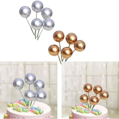 Picture of 5 Golden Ball Cake Topper Happy Birthday Party Baby Shower Cake Decoration Cake Flag Wedding Christmas Ball Decoration Supplies - Gold