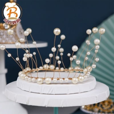 Picture of Metal Pearl Princess Crown Cake Per Artificial Pearls Headdress Wedding Cake Decorating Baby Shower Birthday Per Handmade - Golden
