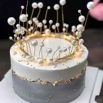 Picture of Metal Pearl Princess Crown Cake Per Artificial Pearls Headdress Wedding Cake Decorating Baby Shower Birthday Per Handmade - Golden