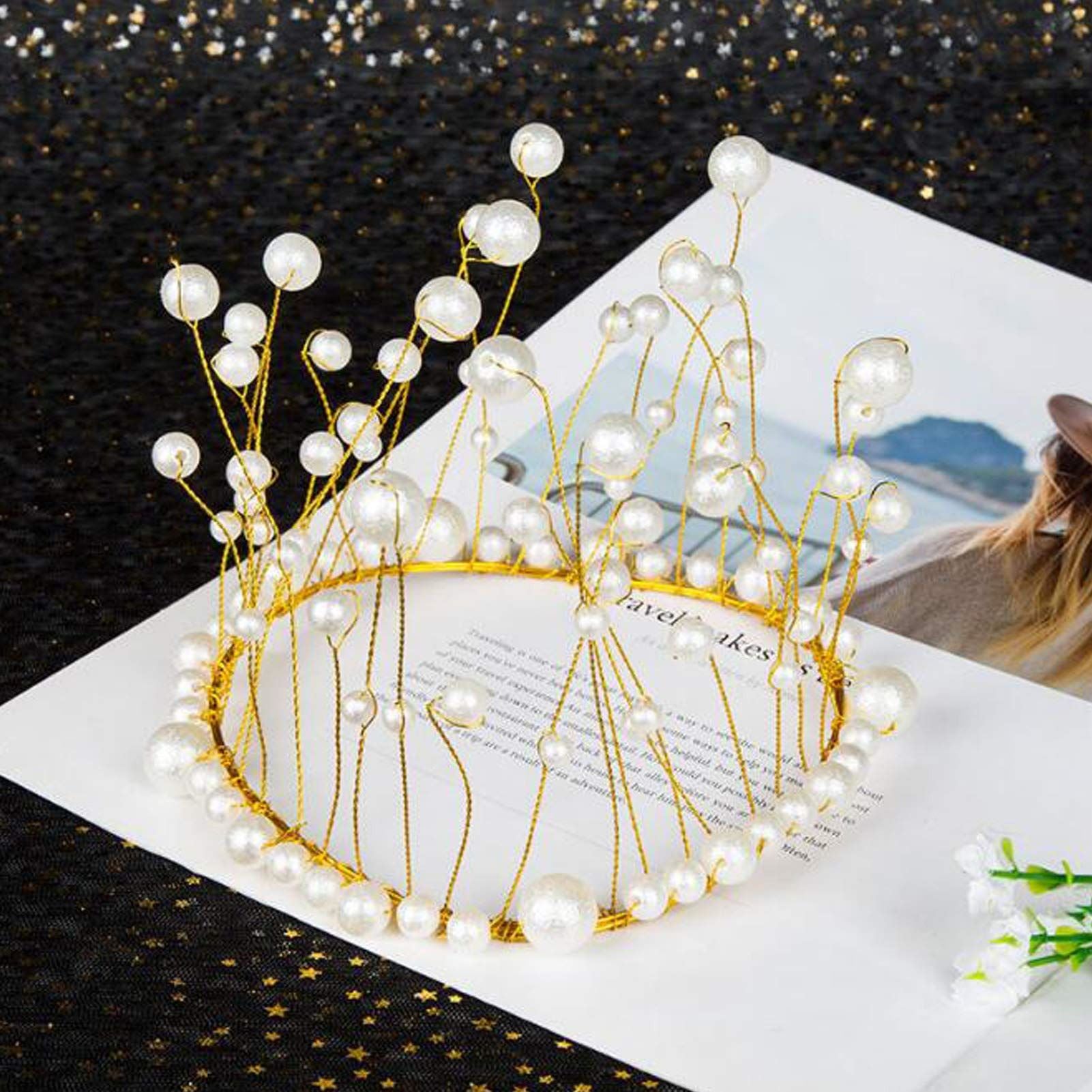 Picture of Metal Pearl Princess Crown Cake Per Artificial Pearls Headdress Wedding Cake Decorating Baby Shower Birthday Per Handmade - Golden