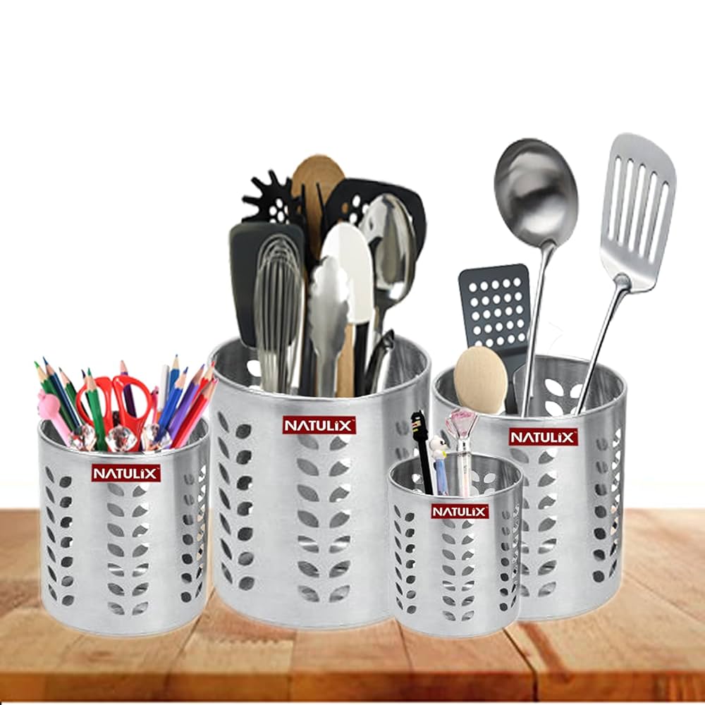 Picture of 4 pcs Stainless Steel Multipurpose Spoon Stand for kitchen | Pen Stand | Cutlery Stand | Spoon Holder for Kitchen & Dining Table | Cutlery Set | Silver - Silver