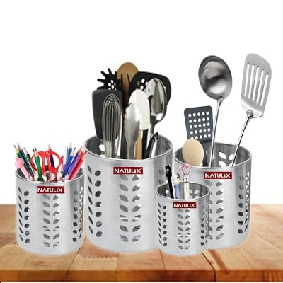 Picture of 4 pcs Stainless Steel Multipurpose Spoon Stand for kitchen | Pen Stand | Cutlery Stand | Spoon Holder for Kitchen & Dining Table | Cutlery Set | Silver - Silver