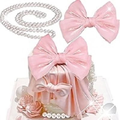 Picture of Pink Ribbon Bow Cake Topper Pearl Cake Decor Coquette Birthday Cake Bachelorette Coquette Birthday Party Bow Party Decorations - Pink