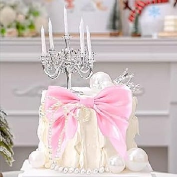 Picture of Pink Ribbon Bow Cake Topper Pearl Cake Decor Coquette Birthday Cake Bachelorette Coquette Birthday Party Bow Party Decorations - Pink