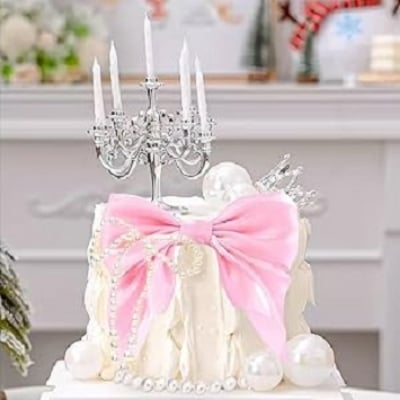 Picture of Pink Ribbon Bow Cake Topper Pearl Cake Decor Coquette Birthday Cake Bachelorette Coquette Birthday Party Bow Party Decorations - Pink