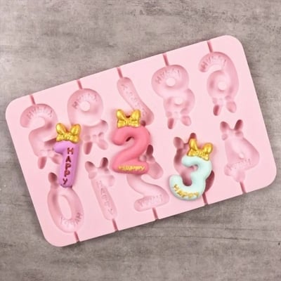 Picture of 3D Number 0-9 Lollipop Silicone Fondant Mold Cake Decorating Chocolate Mould - Multicolor