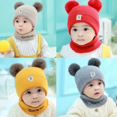 Picture of 2 Pcs Baby Boys & Girls Winter Soft & Warm Beanie Hats Cap Topi Muffler Set For Baby(randomly) - Multicolor