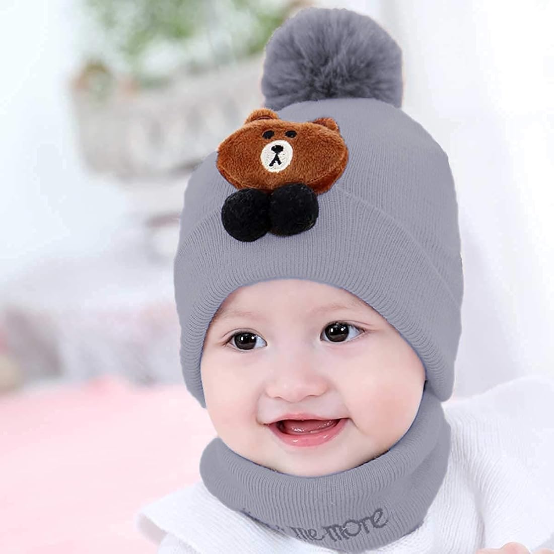 Picture of 2 Pcs Baby Boys & Girls Winter Soft & Warm Beanie Hats Cap Topi Muffler Set For Baby(randomly) - Multicolor