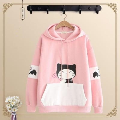 Picture of Super Quality Women Cute Bat Cat Printed Cotton Hoodie For Winter