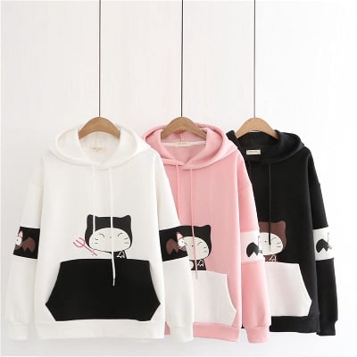 Picture of Super Quality Women Cute Bat Cat Printed Cotton Hoodie For Winter