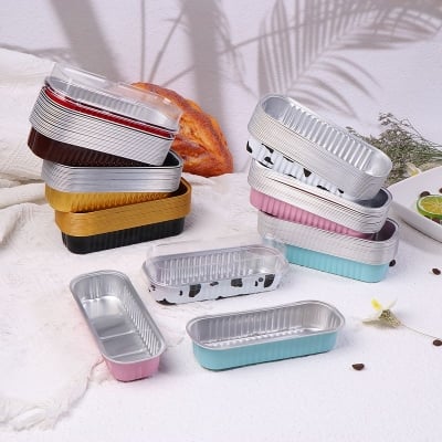 Picture of 10Pcs 200ml Aluminum Foil Baking Cake Box Rectangular Tin Cupcake Baking Pan Pudding Box Cheese Dessert Cup With Lid - Multicolor