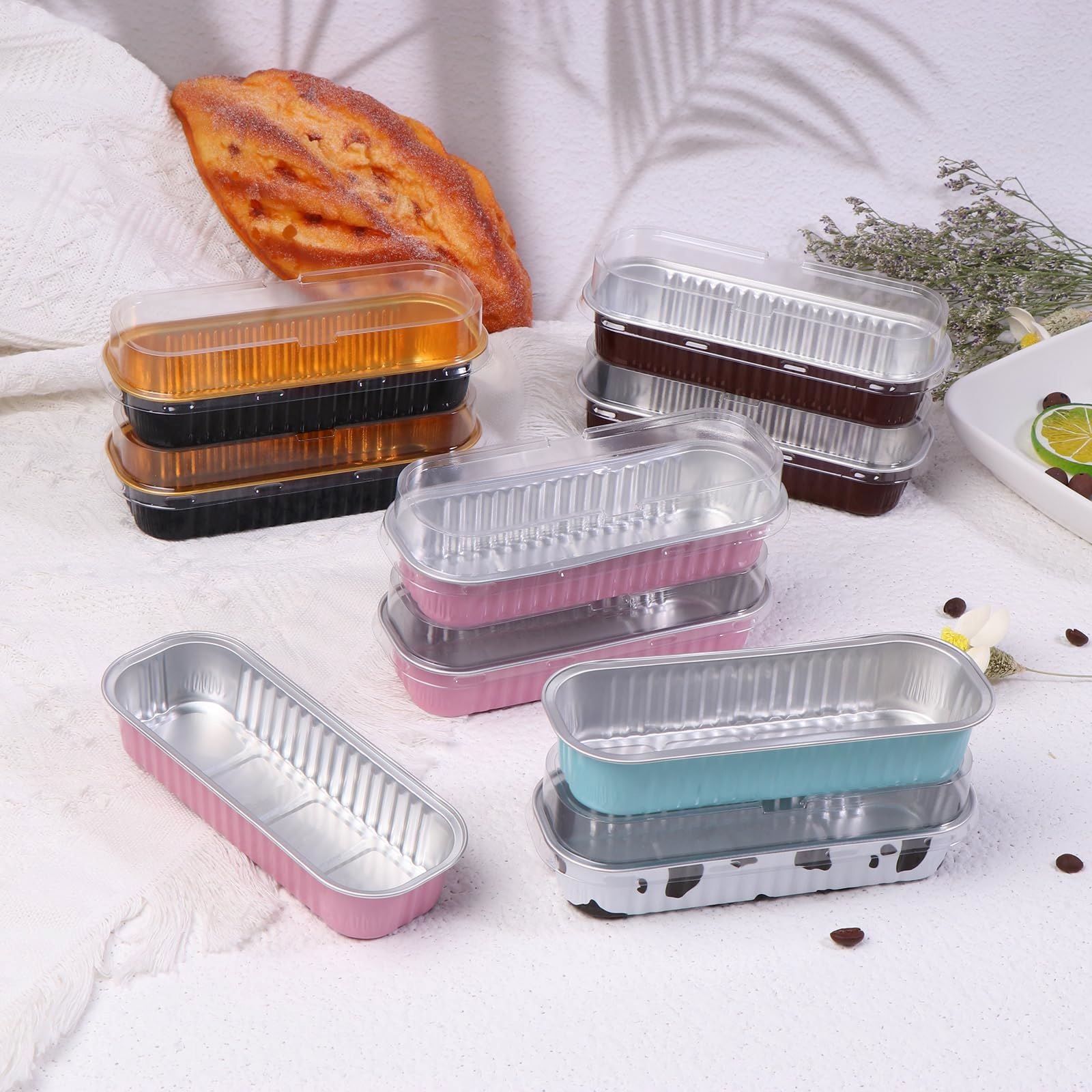 Picture of 10Pcs 200ml Aluminum Foil Baking Cake Box Rectangular Tin Cupcake Baking Pan Pudding Box Cheese Dessert Cup With Lid - Multicolor