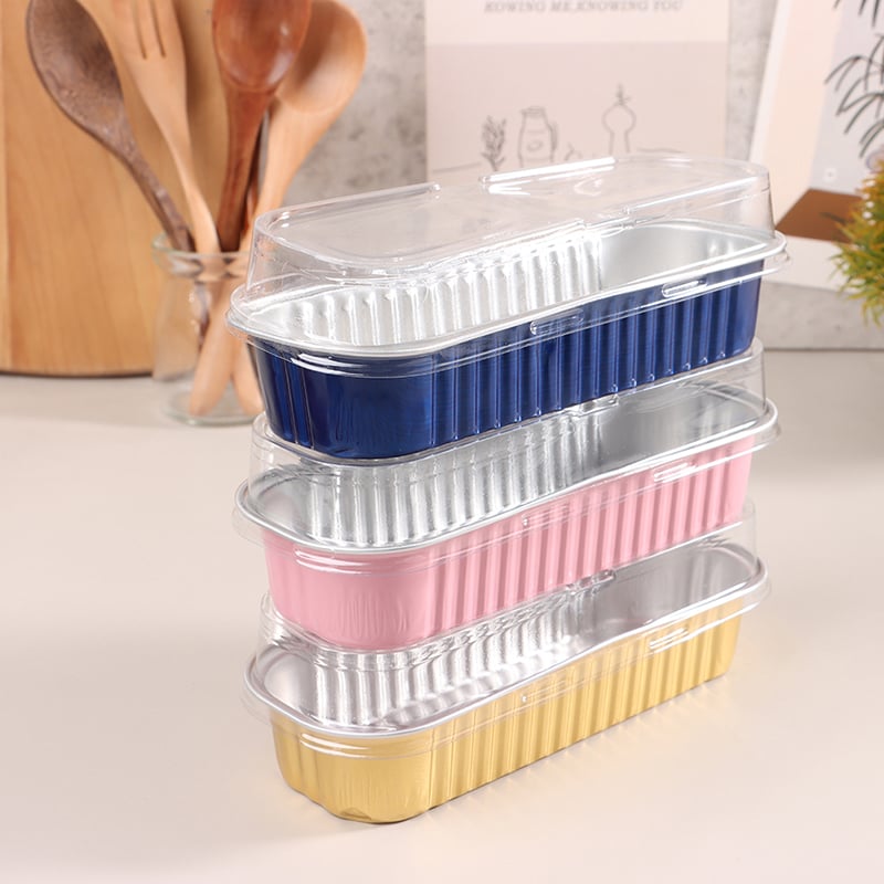 Picture of 10Pcs 200ml Aluminum Foil Baking Cake Box Rectangular Tin Cupcake Baking Pan Pudding Box Cheese Dessert Cup With Lid - Multicolor
