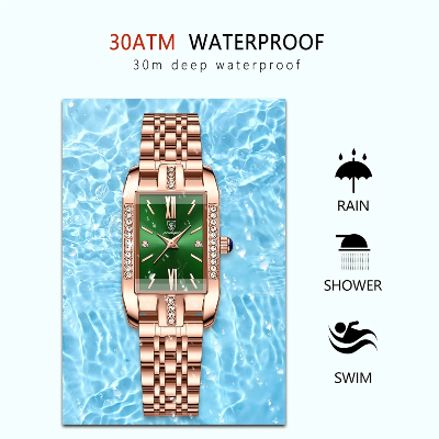 Picture of POEDAGAR 365 Women Watch Fashion Luxury Diamond Green Dial Square Quartz Watches Stainless Steel Waterproof Ladies Wristwatch Gift