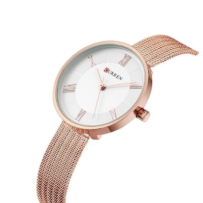 Picture of CURREN 9020 RoseGold Mesh Stainless Steel Analog Watch For Women - White & RoseGold