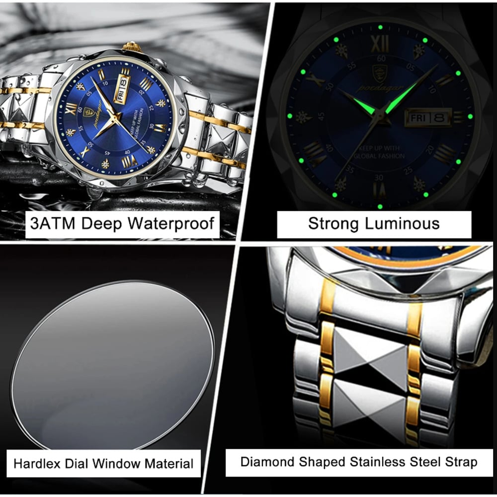 Picture of Podedagar 615  Men's Luxury Brand Watch, Waterproof, Luminous, Week Date, Stainless Steel, Quartz