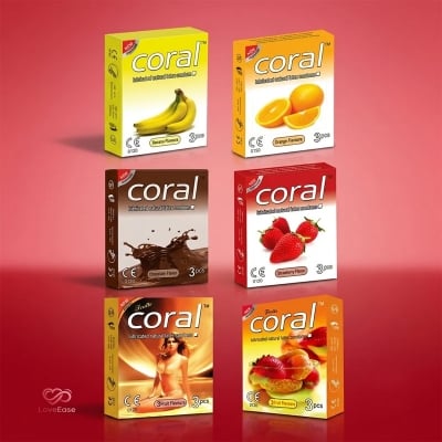 Picture of Coral 6 Flavored Condom (Banana, Orange, Chocolate, Strawberry, Girl, Fruits) 6 Packet (18 Pcs)
