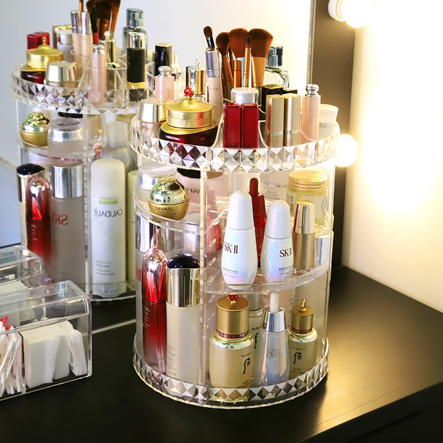 Picture of Diamond Acrylic 360 Makeup Organizer 360 Rotating Cosmetic Organizer with Brush Lipstick Holder Storage Multicolor 