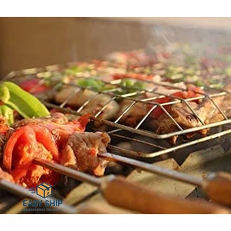 Picture of Portable Barbecue BBQ Grill Net Basket Roast Grilling Tray Chromium Plated with Wooden Handle Multicolor 