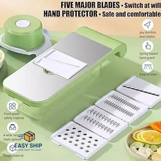 Picture of Bix Super Shop Vegetable Slicer Cutter Grater Chopper Food Slicer Dicer Hand Guard Set Kitchen Manual Slicer Kitchen Tool Accessories Stainless Steel Rust-Free Blades with 5 Removable Blades and Storage Box-Graters, Peelers & Slicers Multicolor 
