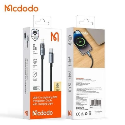 Picture of USB C to Lightning 36W PD Transparent Cable with Charging LED light