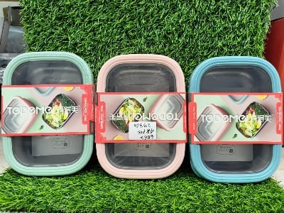 Picture of Tedemei branded stainless steel food containers, available in pastel green, pink, and blue colors.