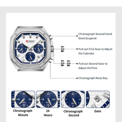 Picture of CURREN 8459 Men's Stainless Steel Quartz Watch Luxury Fashionable Casual Wristwatch For Men- Silver & Blue