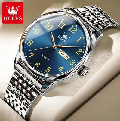 Picture of Olevs 5535 Stainless Steel Analog Wrist Watch For Men -Royal Blue & Silver