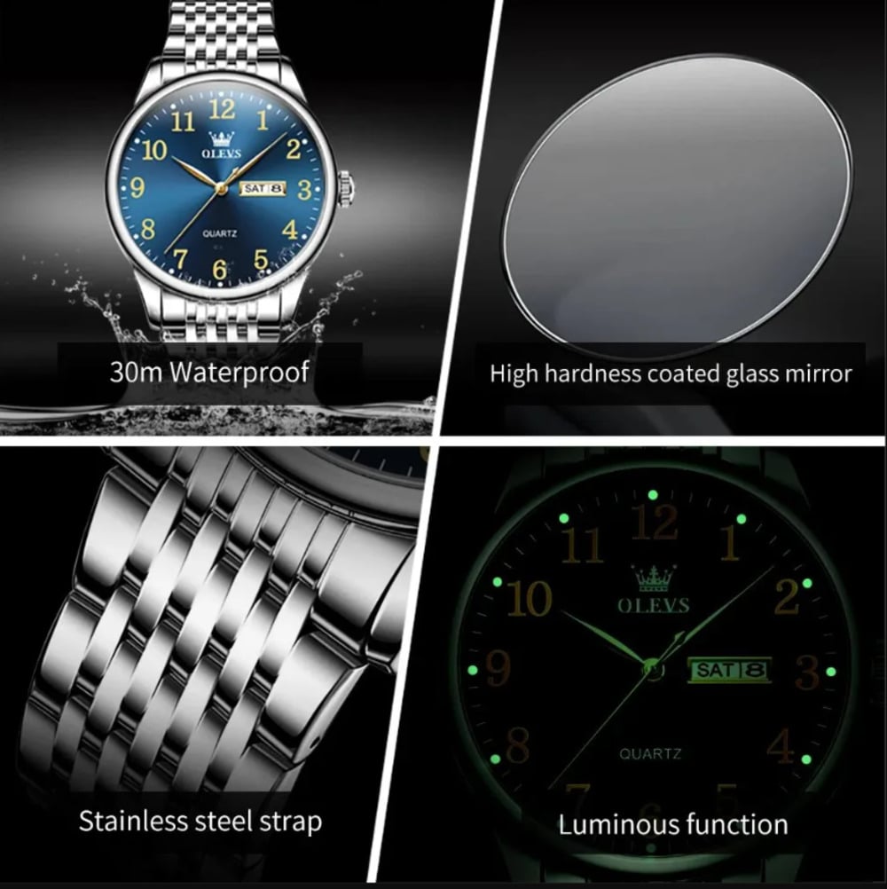 Picture of Olevs 5535 Stainless Steel Analog Wrist Watch For Men -Royal Blue & Silver