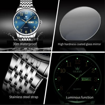 Picture of Olevs 5535 Stainless Steel Analog Wrist Watch For Men -Royal Blue & Silver
