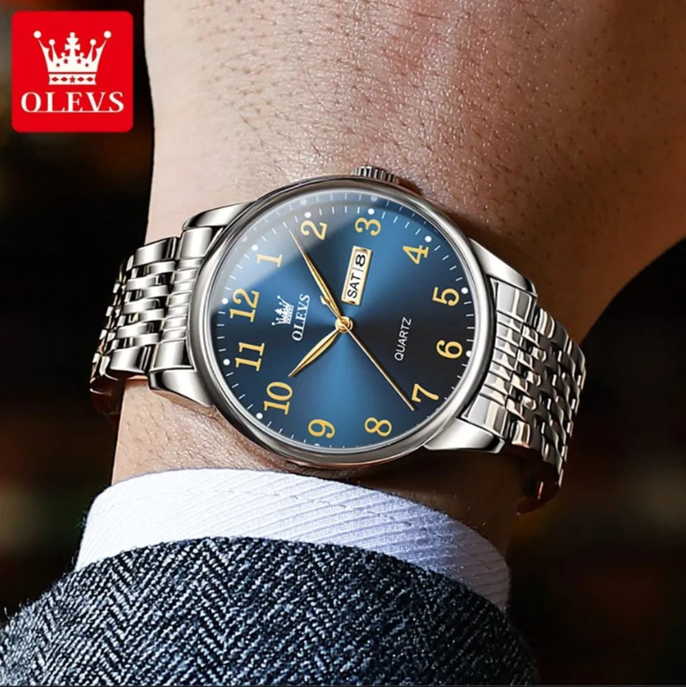 Picture of Olevs 5535 Stainless Steel Analog Wrist Watch For Men -Royal Blue & Silver