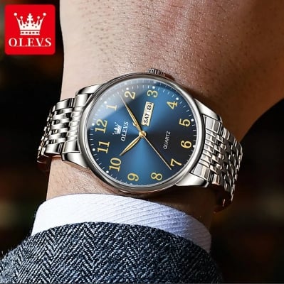 Picture of Olevs 5535 Stainless Steel Analog Wrist Watch For Men -Royal Blue & Silver