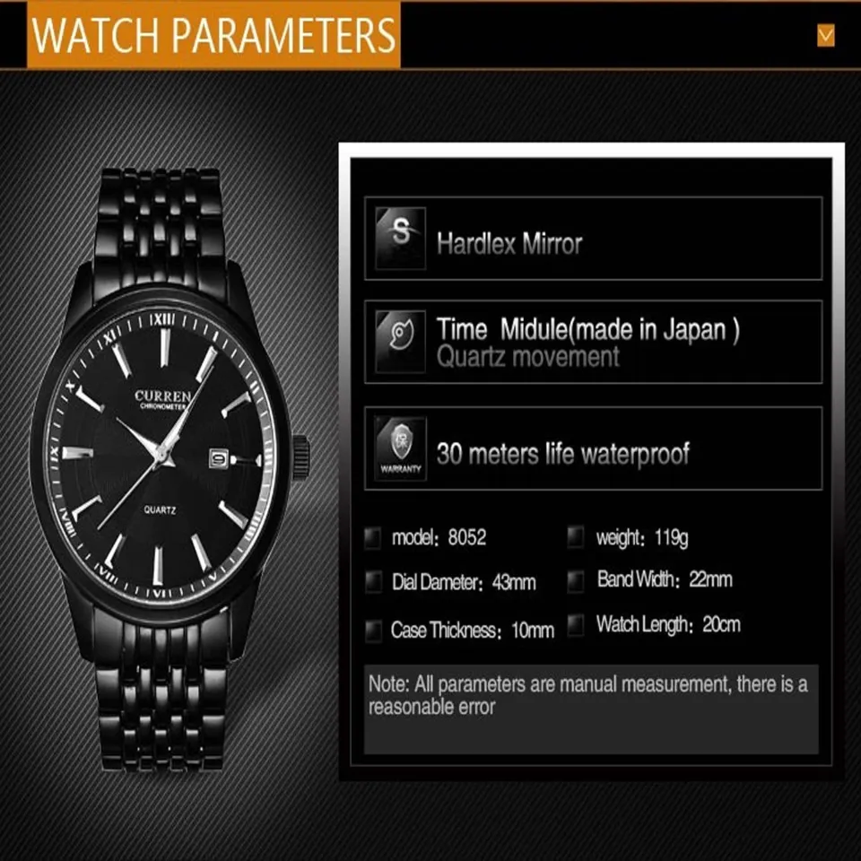 Picture of CURREN 8052 Watch Men Top Brand Luxury Classic Business Wristwatch Stainless Steel -Black