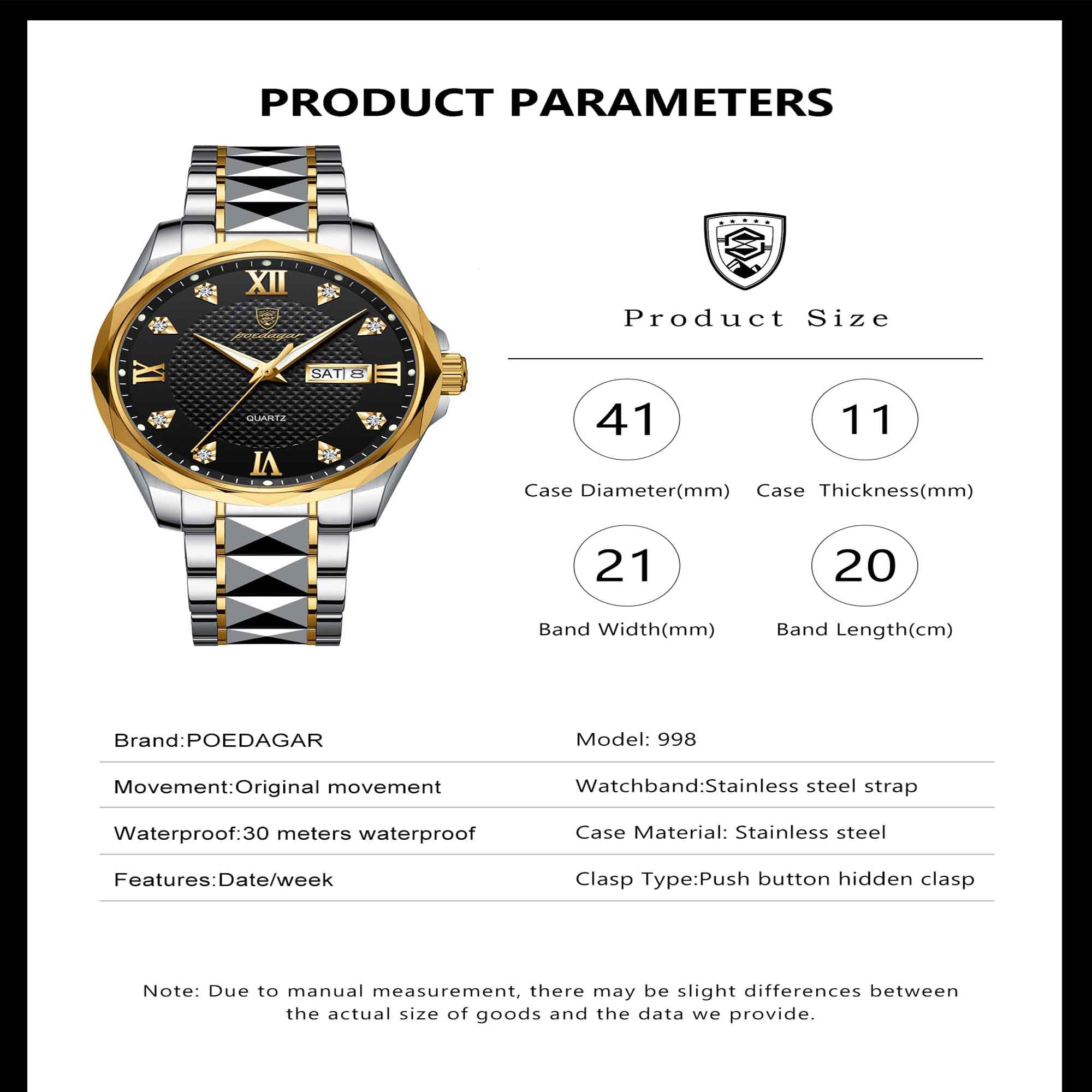 Picture of POEDAGAR 998 Luxury Luminous Date Week Men's Stainless Steel Quartz Watch