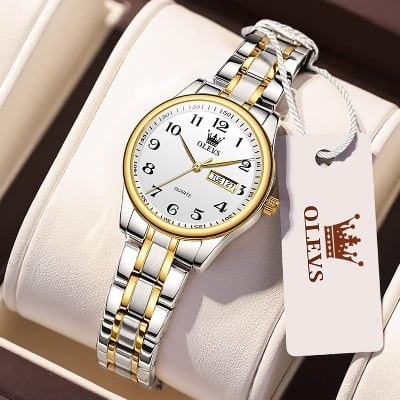Picture of Olevs 5567 Women's Fashion Stainless Steel Japan Quartz Analog Day Date Watch Silver. gold & white