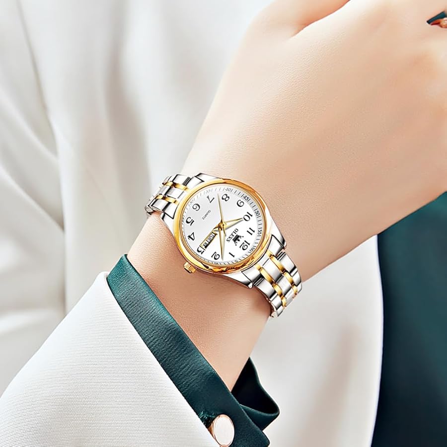 Picture of Olevs 5567 Women's Fashion Stainless Steel Japan Quartz Analog Day Date Watch Silver. gold & white