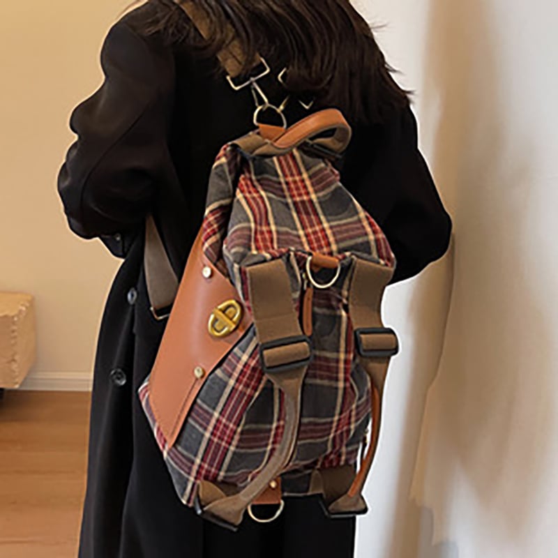 Picture of Cozy Vintage Plaid Leather Convertible Backpack-Shoulder Bag
