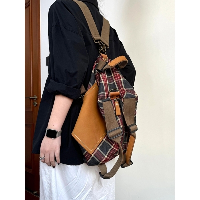 Picture of Cozy Vintage Plaid Leather Convertible Backpack-Shoulder Bag